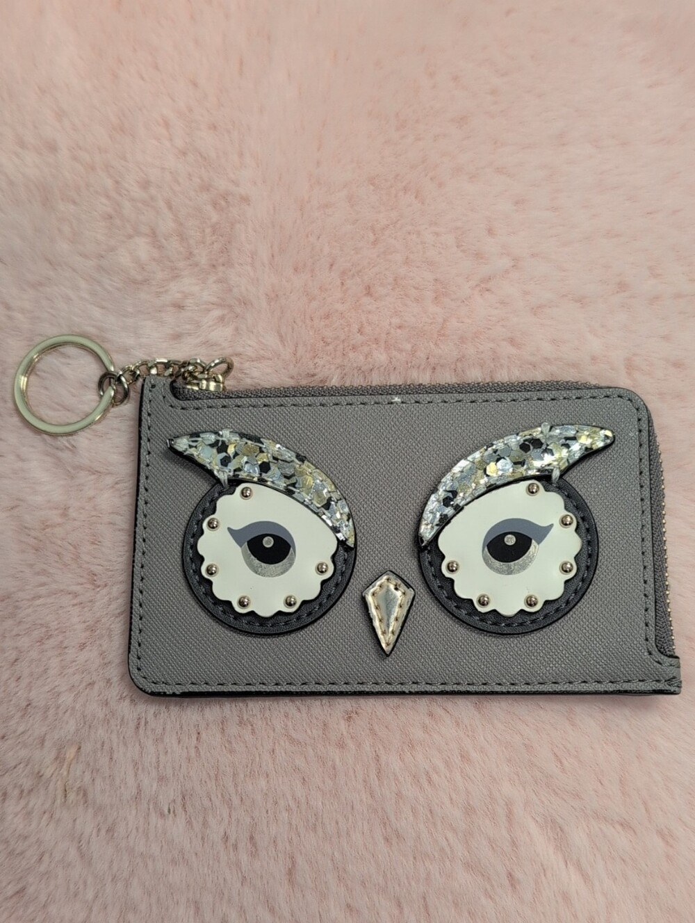 kate spade gray owl card case with glitter accents